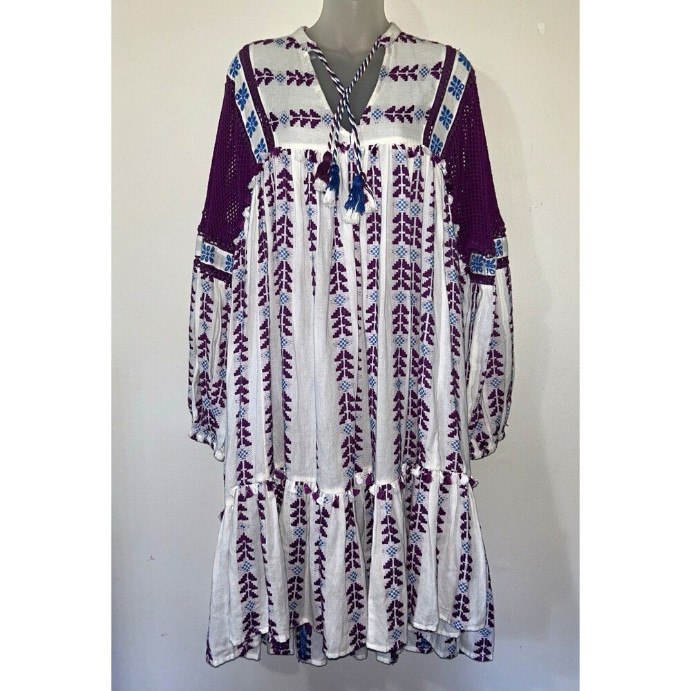 Dodo Bar Or Embroidered Bohemian Midi Dress Cotton White/Purple/Blue Sz L